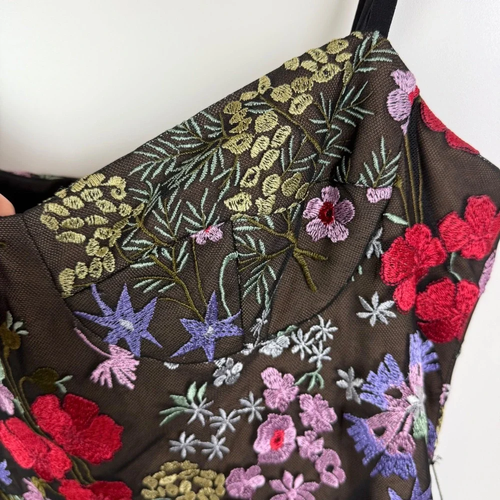 Dress the Population Black Floral Midi Dress with Red and Pink Embroidery - Picture 4 of 16